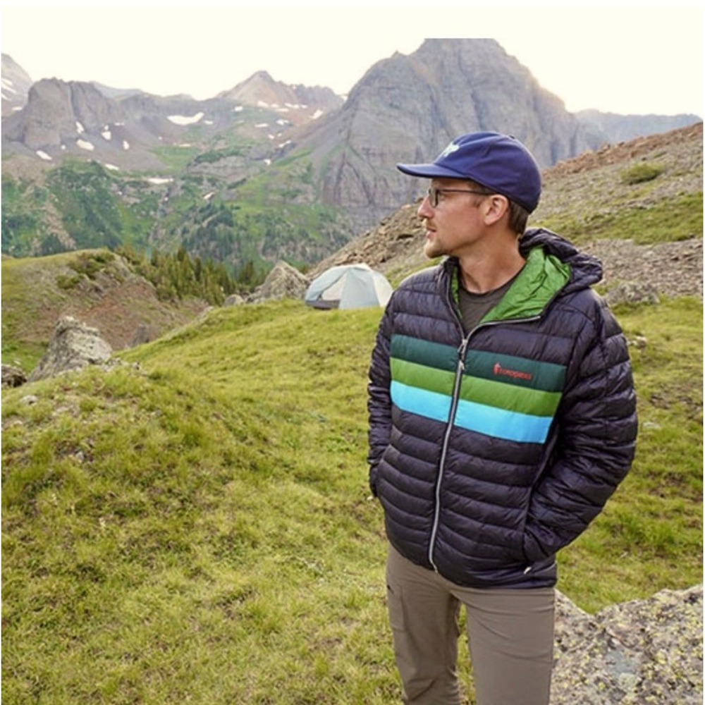Cotopaxi Fuego Hooded Down Puffer Jacket Stripes Black Blue Green Stripes Small